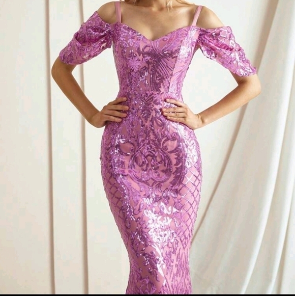 Violet Purple Contrast Mesh and Sequined , Spaghetti Strap, Mermaid Ma… - Picture 7 of 15